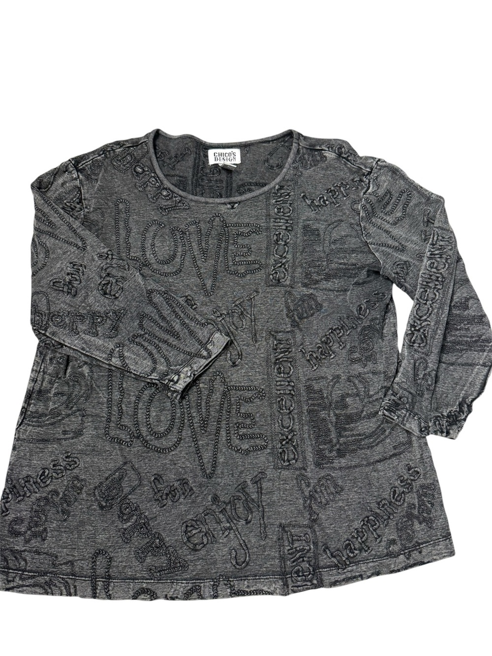 Vintage Chico's top Gray Embossed 'LOVE' Long Sleeve Y2K Tunic